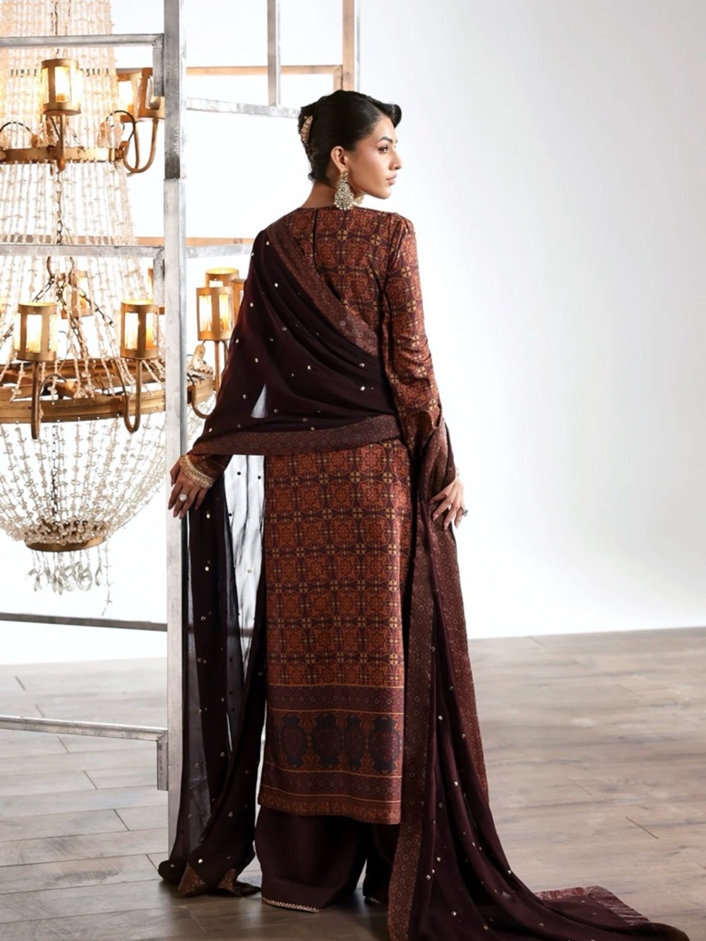 Embellished Maroon Long Dress with Sheer Dupatta - Picture 3 of 9